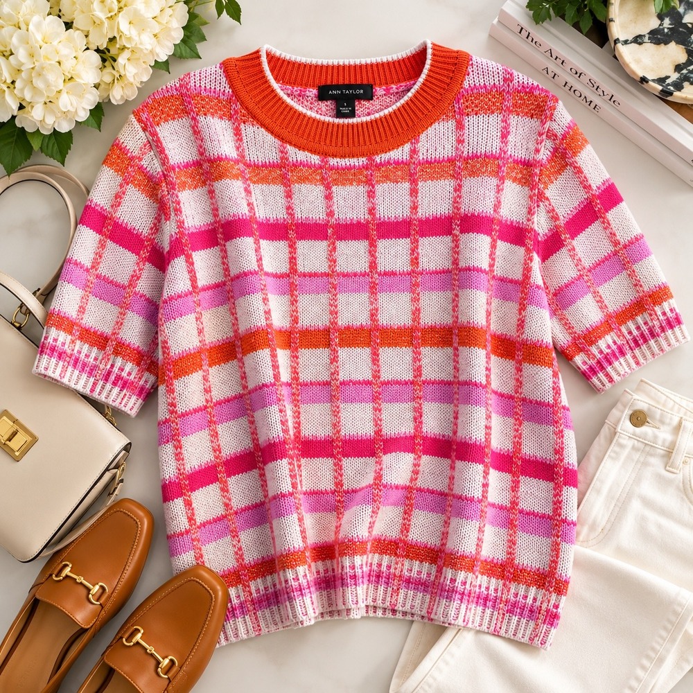 Ann Taylor Plaid Sweater Small Pink Orange Cotton Modal Relaxed Short Sleeve